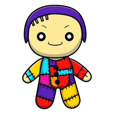 A colorful voodoo doll with patchwork fabric in bright colors, decorative buttons for eyes, and colorful pins sticking out of it sticker