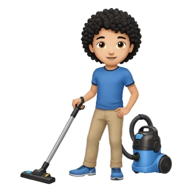 Emoji to encourage kids to do chores - should contain something about house chores, ok replace the broom with a vaccum make it atheltic boy 8 years old - egyptian with curly hair but not too curly -  sticker