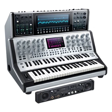 Create a professional and detailed emoji that represents sound design equipment. The design should feature a high-end Korg synthesizer, a sound mixing console, and a control panel with audio cables connecting to large studio speakers. Surround the equipment with sound waves made of musical notes to symbolize the creative process of shaping sound. Use sleek colors like silver, black, and neon accents to highlight the high-tech nature of the equipment. The background should be transparent. sticker