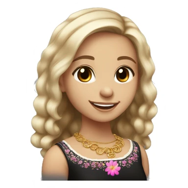 Slavic girl, light skin, brown eyes, black-to-blonde ombre straight tail, smiling with teeth, wearing beautiful dark blouse with a folk pattern of small pink flowers and gold necklace. sticker
