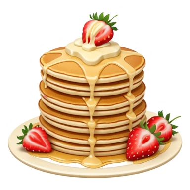 a stack of pancakes with melted white chocolate drizzle and strawberries sticker