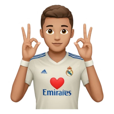 Jude Bellingham, English footballer, making a heart gesture with his hands, in Real Madrid kit, emoji style sticker