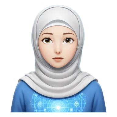 girl with white hijab in blue clothes, surrounded by screens displaying advanced holographic projections, quantum computing visuals, neural networks, futuristic UI elements, flowing digital code sticker