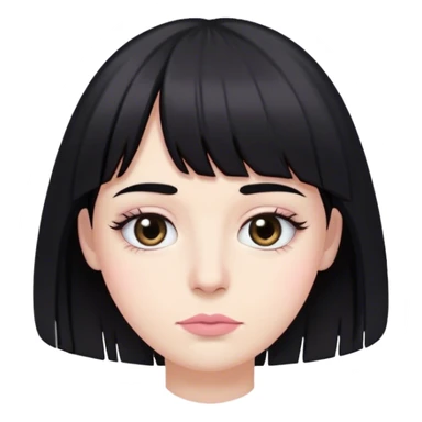 Cabelos até abaixo do  ombro  com franja na sombancelha e pretos , olhos bem pouco caidos e pretos , pele branca como a neve,  , bastante cilios e boca rosada claro sticker