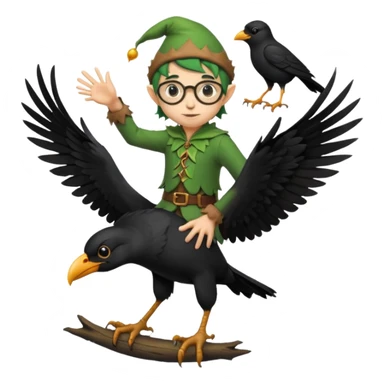 tiny forest elf with round glasses riding crow sticker
