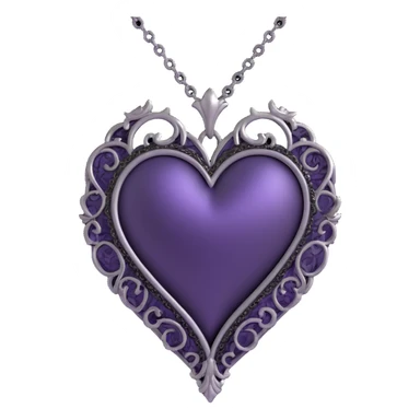 gothic heart, deep purple satin, ornate silver filigree, black lace trim, faint purple glow, with a silver chain wrap sticker