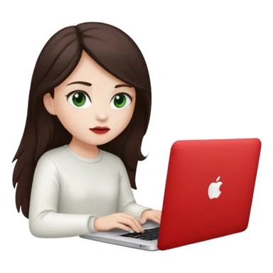 Long dark brown haired, white skinned, dark green eyed girl in white clothes girl sitting in macbook with a red case  sticker
