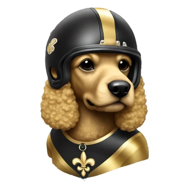 Gold poodle wearing a black football helmet with gold stripe and gold fleur de lis emblem sticker
