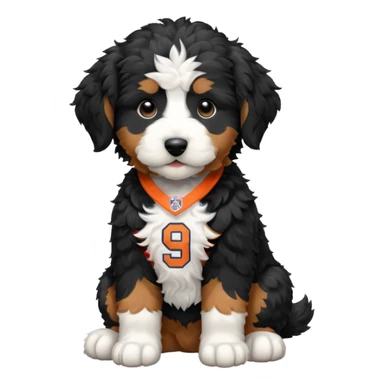 black and white bernedoodle puppy wearing broncos jersey sticker