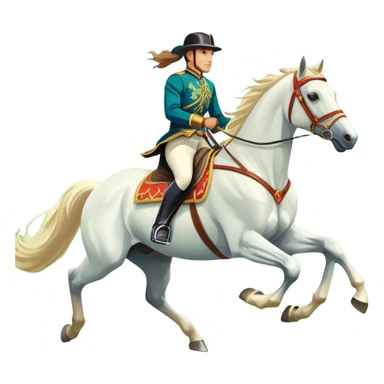 An icon showcasing a majestic horse and rider in full gallop across a lush green field. The background features a clear sky, distant mountains, and a vibrant landscape. The rider wears traditional gear, while the horse leaps with grace and power. Transparent background sticker