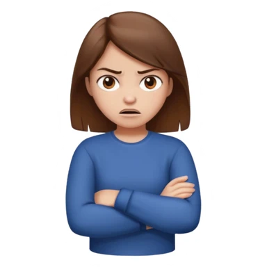 Girl with brown hair crossing arms in front of her chest and making an angry face sticker