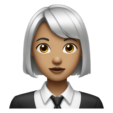 A girl with a black bob hair with bang wearing white shirt with a black tie sticker