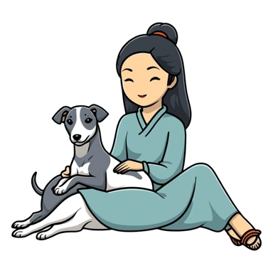 Very thin Chinese woman with long black hair relaxing in a luxurious hotel suite with exactly ONE whippet dog. EXTREME IMPORTANCE: the whippet must be ONE SOLID VERY DARK CHARCOAL GREY COLOR from nose to tail with ABSOLUTELY NO WHITE MARKINGS anywhere - NO white on face, NO white on muzzle, NO white on chest, NO white on paws, NO white on tail - NOTHING BUT A SINGLE SHADE OF VERY DARK GREY throughout the entire animal sticker