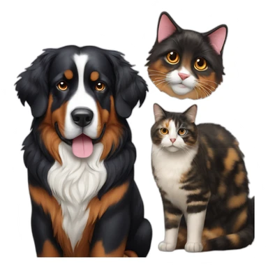 A Bernese dog next to A tortoiseshell cat without white sticker