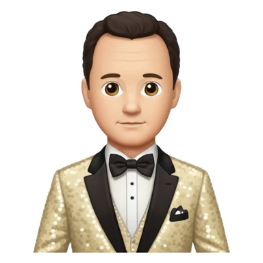 Tom Hanks with dark brown hair, cream sequin suit with bow tie sticker