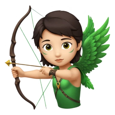 cupid flying with wings asian with brown eyes and dark hair handled bow and arrow directed to green emoji heart sticker