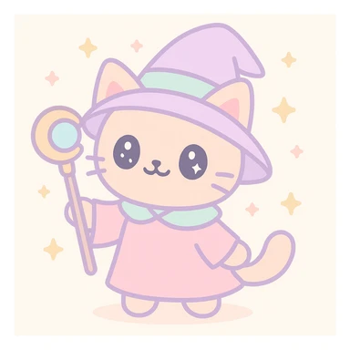 a wizard cat with a magic staff, cute cartoon style sticker