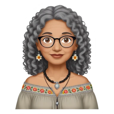 Latina woman, about 55 years old, dark warm brown skin, round soft face, long curly black and gray hair, no headband, medium eyes, thin eyebrows, gentle smile, delicate eyeglasses, gray peasant blouse with embroidery, bare shoulders, large dark necklace sticker