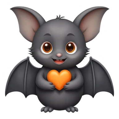 A cute little emoji featuring an adorable bat with big round eyes and a soft smile. The bat is holding an orange heart between its small folded wings. Its fur is dark gray or black with slightly pointy, expressive ears. The image should be cute and simple, with a clean, emoji-like style. sticker