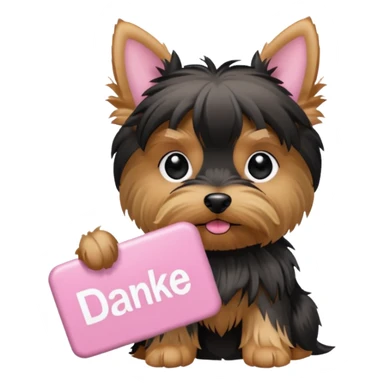 yorkshire dog holding a light pink danke schön sign sticker