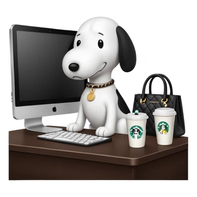 snoopy in a desk with starbucks and his chanel purse sticker