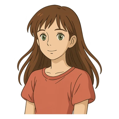 ghibli style illustration of a 17-year-old girl with green eyes, light skin, and long brown hair sticker