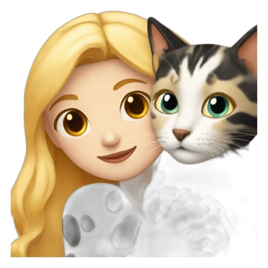 blonde-haired woman cuddling with a white and black and orange spotted cat sticker