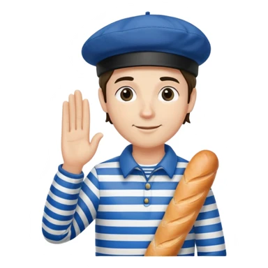 French man with blue and white striped shirt, black beret, holding a baguette, waving sticker