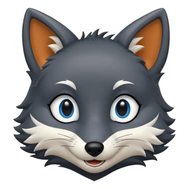 Grey furry fox with a black coat, blue eyes, and a small fringe of black hair, smiling sticker