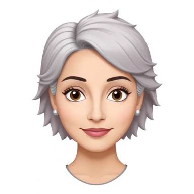 Puerto Rican actress Marian Pabón with elongated face, light pinkish skin, almond-shaped expressive eyes, straight nose, well-defined lips with wide smile, arched eyebrows, pronounced cheekbones, short spiky gray hair like a man's cut sticker