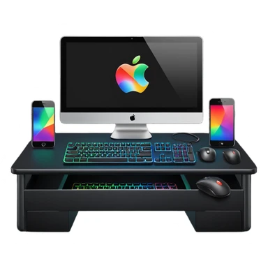 rgb gaming computer on black desk with a black keyboard and mouse sticker