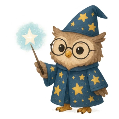 cute owl wizard with a starry robe and glasses, casting a spell sticker