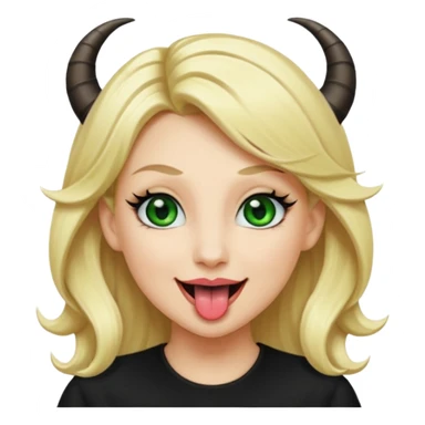 Emoji femme blonde habillée en noir cheveux blond, yeux vert avec de long cils noir qui tire la langue et à des cornes  sticker