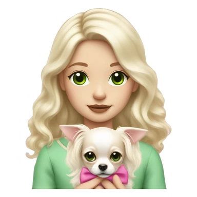 pale blond girl with wavy long platinum hair with green eyes holding a white chihuahua puppy that wearing a pink bow sticker