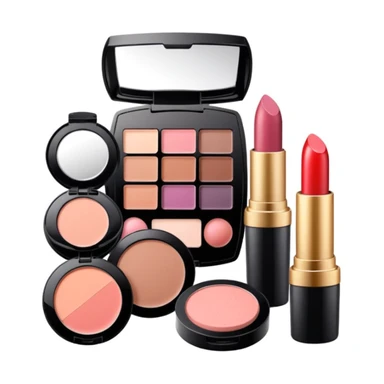 makeup products all together in one piece of png, lipstick, blush, powder, etc sticker