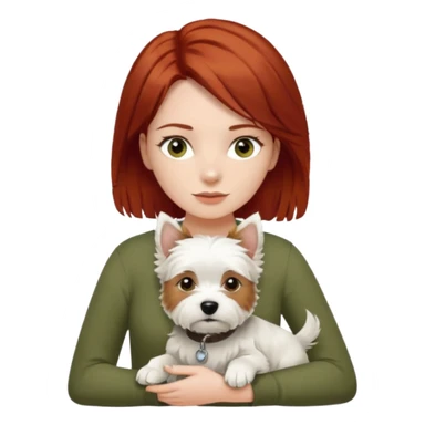 Westhighland white terrier dog being held by woman with dark shoulder length red hair and hazel eye wearing olive green top sticker
