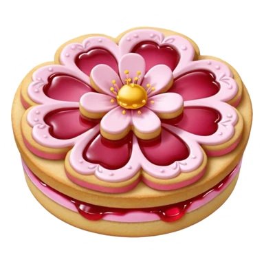 Realistic shortbread cookie in the shape of a cherry blossom with pale pink color jelly middle filling and sprinkled powder sugar on top. sticker
