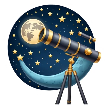 An icon featuring a telescope, stars, and a planet, symbolizing astronomy. The design includes a crescent moon, distant galaxies, and constellations, representing the study of space and celestial bodies. Transparent background highlights the exploration of the universe and cosmic phenomena. sticker