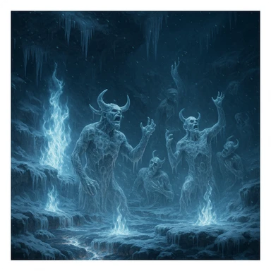 a dramatic scene of hell freezing over, with icy flames, frozen demons, and snow-covered lava, highly detailed, atmospheric sticker