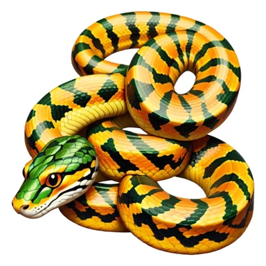 Tiger python coiled up on the ground, blending with the dense jungle foliage. Its distinct orange and black stripes stand out against the vibrant green of leaves and plants. Sunlight filters through the trees, highlighting the snake's patterned scales. Transparent background. sticker