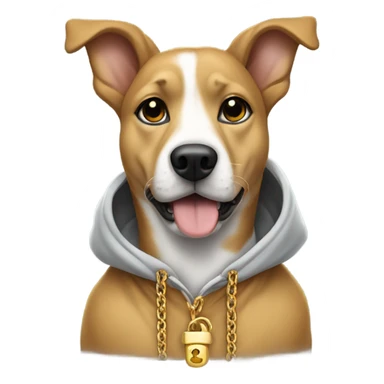 dog wearing a hoodie and gold chain with a paw pendel sticker