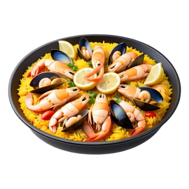 cinematic-realistic-paella-dish-emoji,-depicted-as-a-vibrant,-aromatic-rice-dish-loaded-with-seafood,-chicken,-and-saffron-rendered-with-rich-textures-and-dynamic,-warm-lighting with a lemon slice in the middle sticker