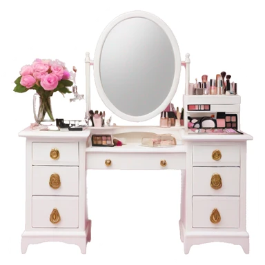 white vintage makeup vanity with pink accessories and flowers  sticker
