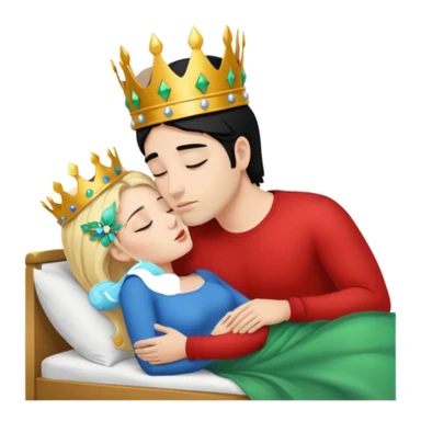 Blonde Queen with crown, Green eyes, naked, kissing man, naked, no crown, black hair, blue eyes, whole Body, Background sleeping room  sticker