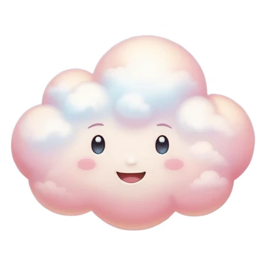 Cinematic round pastel cloud, soft puffy texture, gentle glowing edges, tiny happy face with blushing cheeks, floating in a dreamy sky, warm and magical. sticker