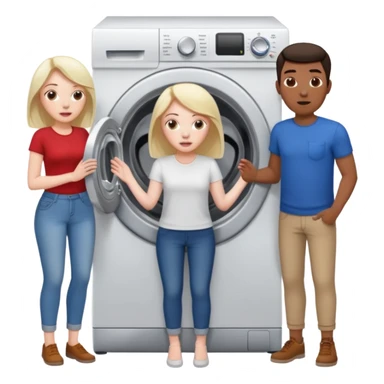 Eine Frau mit dem in der Waschmaschine feststeckt und zwei Männer die hinten an ihr ziehen um ihr zu helfen  sticker