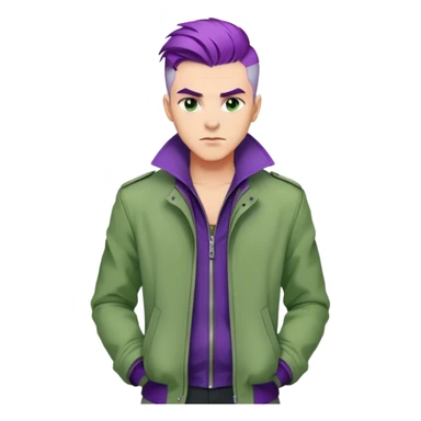 Confident man with purple hair and stylish green jacket, powerful stance like Thanos, modern fashion sticker