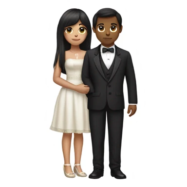 Dark brown haired girl with olive skin with straight across bangs and long hair holding a tuxedo cat sticker