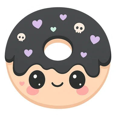 kawaii style gothic donut, cute face, black icing, purple heart decorations, tiny skull motif, cheerful and spooky sticker