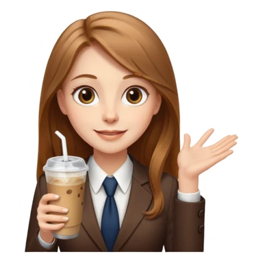 Women in front of laptop with a happy face, long light brown hair, light brown big eyes, light pale skin with a iced coffee on the side, business attire sticker